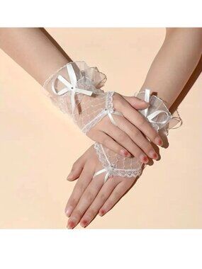 Lace Gloves Sexy Fingerless Ribbon Rhinestone Cosplay White Wedding Fetish Rave